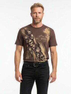 Harley Davidson Brown & Black Sauk City WI Short Sleeve Skull Print T Shirt XL